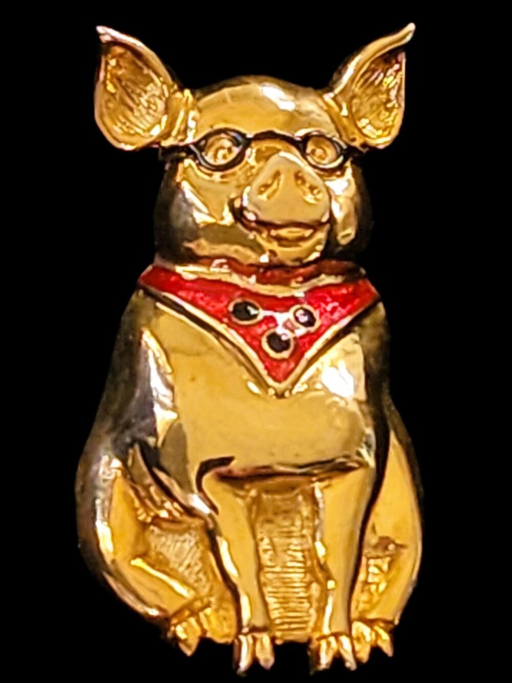 Vintage 80s Whimsical Gold-Tone Pig Brooch w/ Glasses & Red Scarf